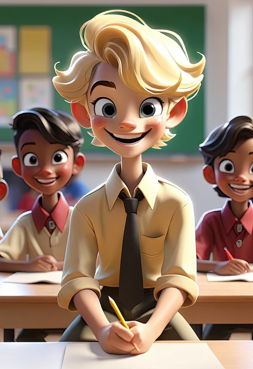 Create a blonde boy with a smile teaching a class of primary school students 