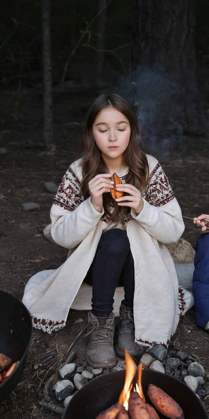 Girl sitting by the campfire eating roasted sweet potatoes