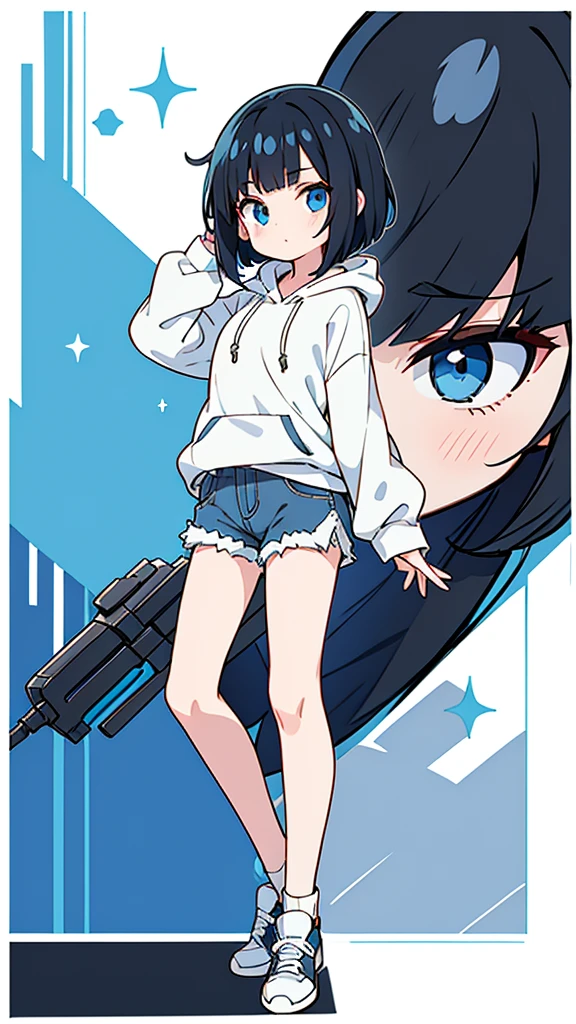 black hair, blue eyes, girl, bob, front, whole body,White hoodie, Gray shorts,White and blue shoes,(((Anime style))),cute,長い髪