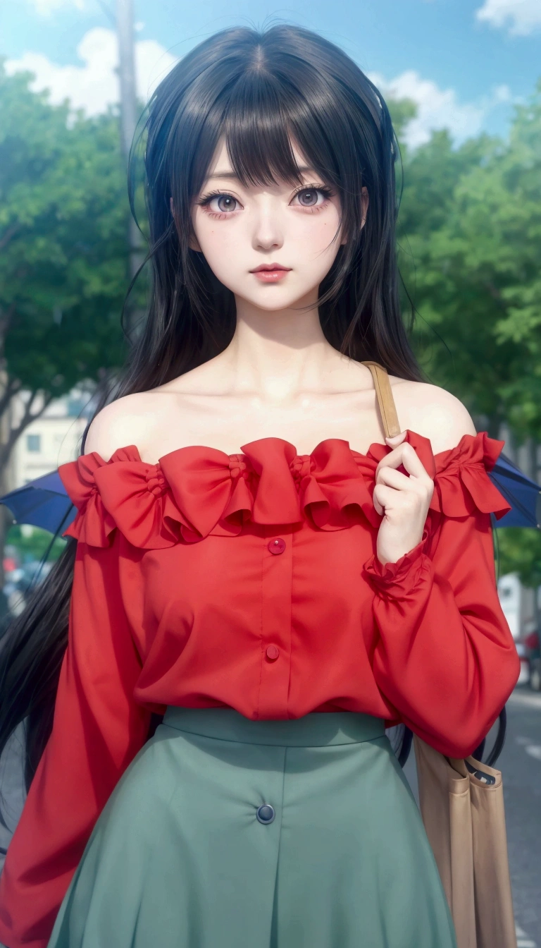 anime girl in red top and skirt holding umbrella in street, anime visual of a young woman, rin tohsaka, sui ishida with black hair, anime visual of a cute girl, junko enoshima, hinata hyuga, as an anime character, today's featured anime still, shuushuu anime image, female anime character, nico robin, Big breast