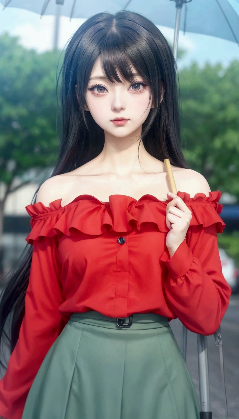 anime girl in red top and skirt holding umbrella in street, anime visual of a young woman, rin tohsaka, sui ishida with black hair, anime visual of a cute girl, junko enoshima, hinata hyuga, as an anime character, today's featured anime still, shuushuu anime image, female anime character, nico robin, Big breast