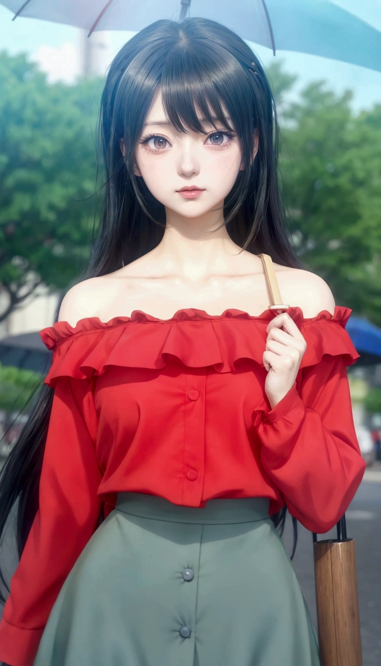anime girl in red top and skirt holding umbrella in street, anime visual of a young woman, rin tohsaka, sui ishida with black hair, anime visual of a cute girl, junko enoshima, hinata hyuga, as an anime character, today's featured anime still, shuushuu anime image, female anime character, nico robin, Big breast