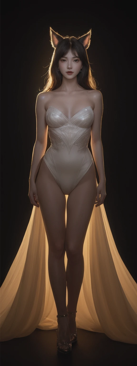 cinematic film, Realistic photograph,realistic, score_9, score_8_up, score_7_up, score_6_up,
1girl, solo, from front, full body, Ahri \(league of legends\), black background, makeup, sidelighting, backlighting, glowing,