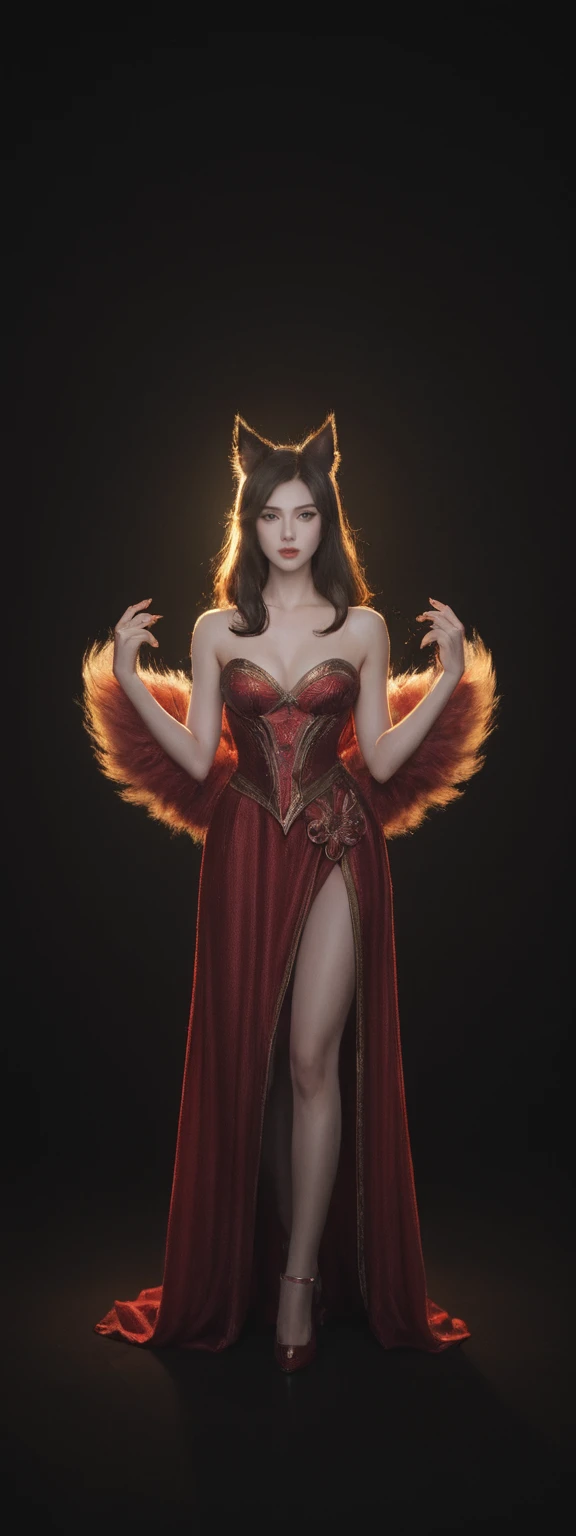 cinematic film, Realistic photograph,realistic, score_9, score_8_up, score_7_up, score_6_up,
1girl, solo, from front, full body, Ahri \(league of legends\), black background, makeup, sidelighting, backlighting, glowing,