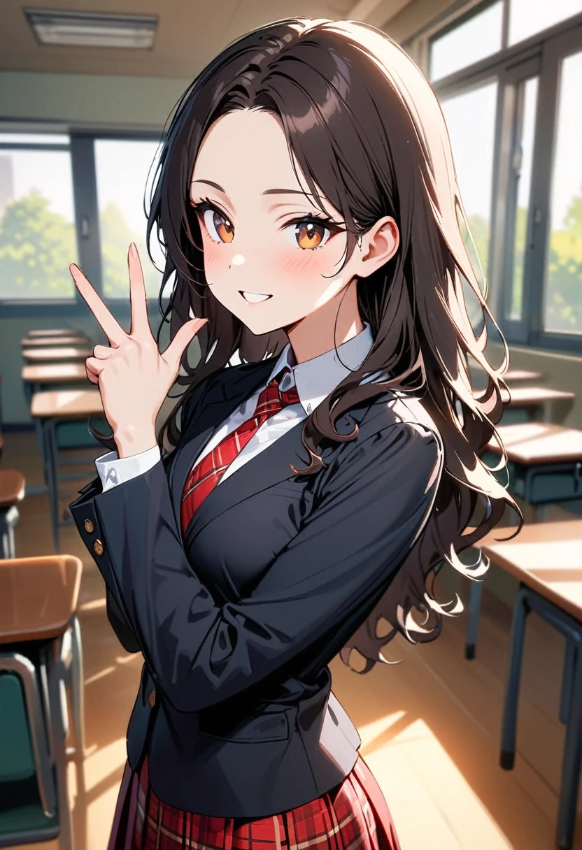 (masterpiece, best quality:1.3), A young woman, 19-years-old, average height, slender figure, solo, Korean, (long black wavy hair that's parted in the middle, no bangs:1.2), brown eyes, black blazer, white shirt, red plaid necktie, red pleated skirt, black pantyhose, cheerful smile, mature face, classroom, holding up a v-sign, upper body
