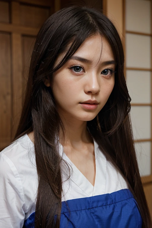 pretty hyper realistic japanese girl with blue eyes and long hair