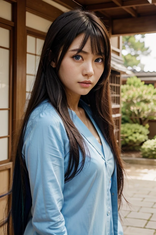 pretty hyper realistic japanese girl with blue eyes and long hair