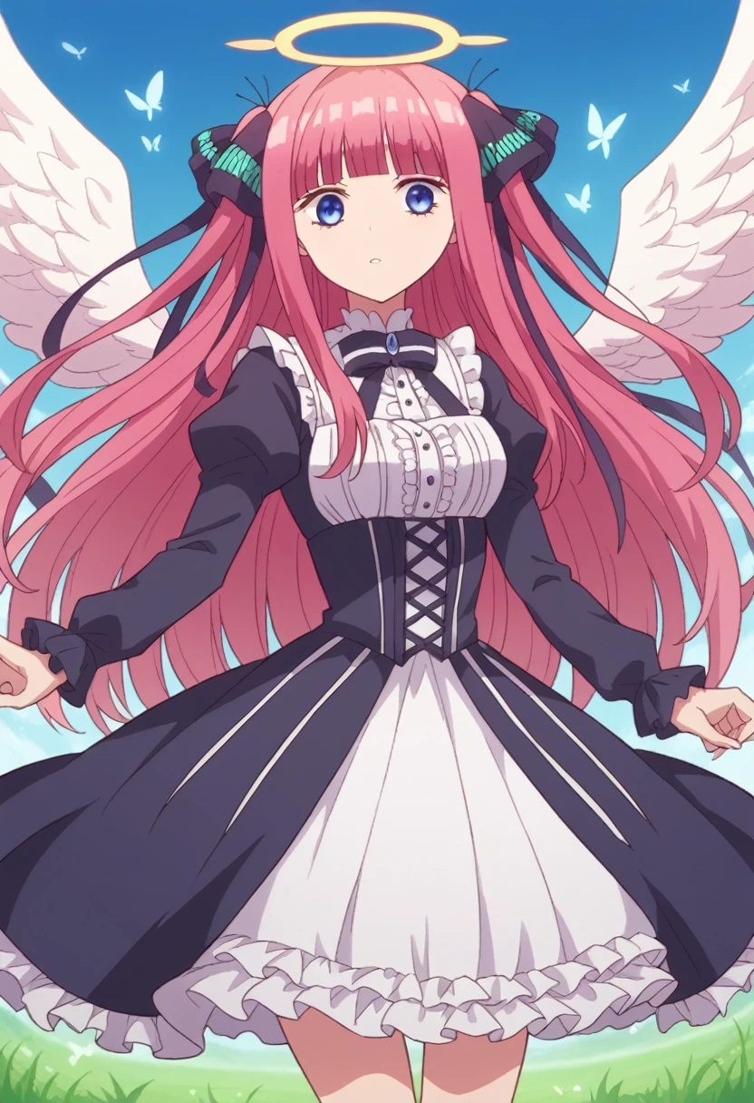 nino nakano,long hair, bangs, blue eyes, hair ornament, hair ribbon, pink hair, blunt bangs, two side up, butterfly hair ornament,long twintails,,Pink and white dress, Victoria Gothic Lolita Fashion, Lolita Style, , rococo dress, lolita fashion, one-piece,dress,petticoat,dynamic pose, angel wings, frills, tighthighs,halo, blue sky, grassy terrance