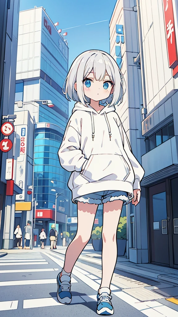 White hair, Blue eyes, girl, bob, front, whole body,White hoodie, Gray shorts,White and blue shoes,(((Anime style))),cute,Buildings in Tokyo,Walking around the city