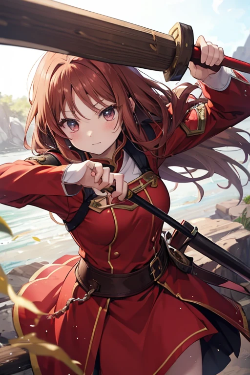Novice Adventurer、Anime girl wearing red clothes、Swordsman、Long brown hair、Fighting slime、I&#39;m struggling a bit