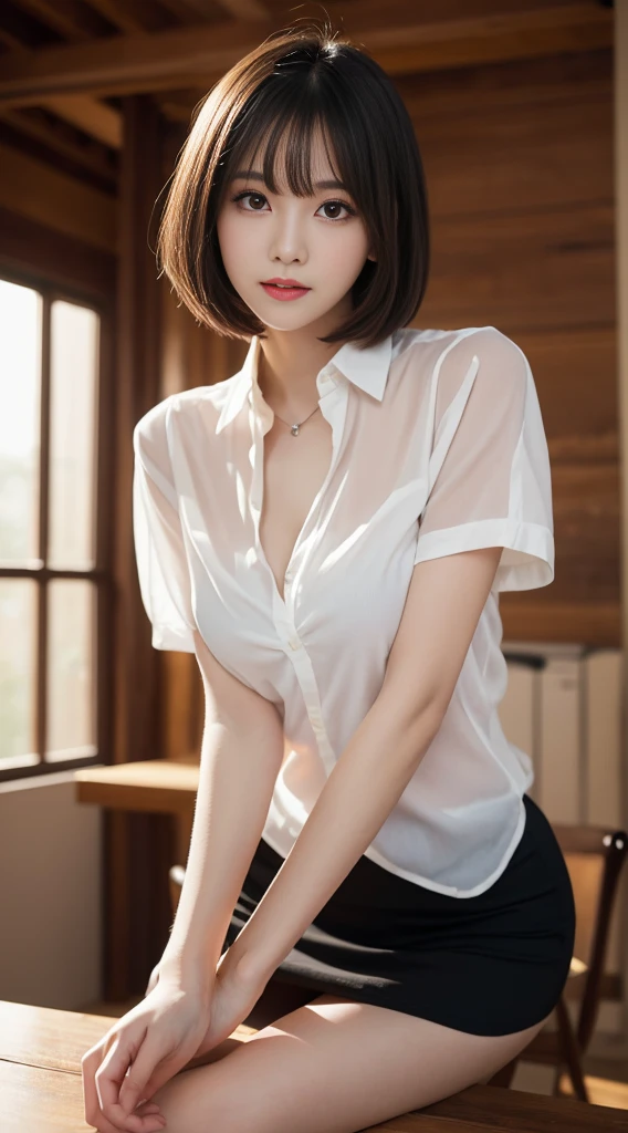 tabletop, best qualityer, illustration, ultra detali, fine-details, high resolution, 8 k wallpaper, perfect dynamic composition, beautiful detailed eyes,white dress shirt, Black Skirt, lingerie style clothing ,Short hair bob cut,Natural color lips,, pretty legs, pose sexy, ssmile、 de 25 anos,