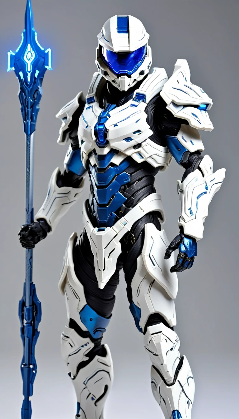 Masterpieces, White Knight, Commercial style shot, (action figure of Battle Priest in a warframe and halo style armor with a long bow), (white blue and silver color scheme), (white hood ), (action shot: drawing bow), (quiver on back), plastic material with metallic coating, white and blue tabard (solid color background), centered, full body shot, (dynamic action stance pose), sci-fi knight, Halo master chief, vibrant colors, visible figure joints, cinematic shot, volumetric lighting, intricate pattern detail, highly detailed