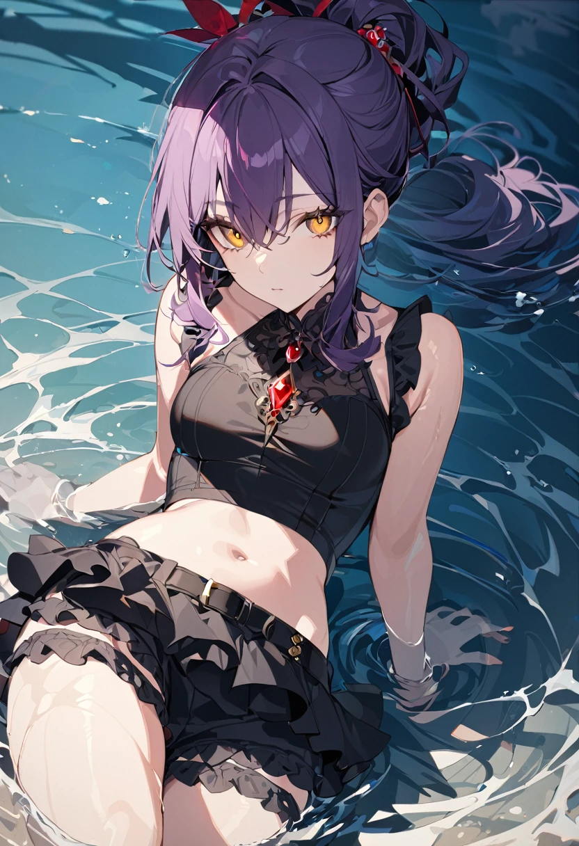 One girl, masterpiece, top quality, fair skin, golden eyes, large eyes, dark purple hair, hair tied on one side of the head, frilled shorts, black belt, red jewel, water