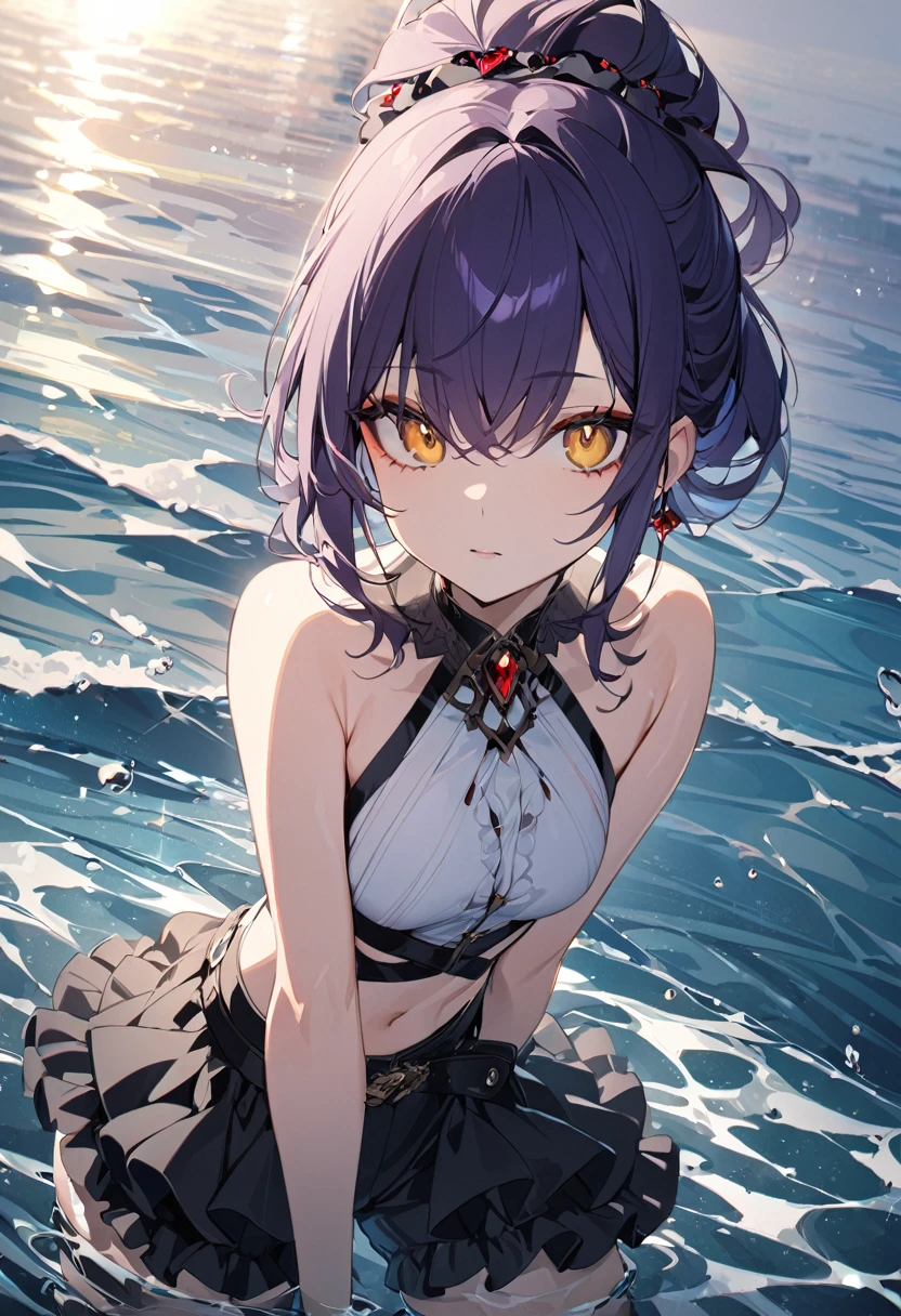One girl, masterpiece, top quality, fair skin, golden eyes, large eyes, dark purple hair, hair tied on one side of the head, frilled shorts, black belt, red jewel, water