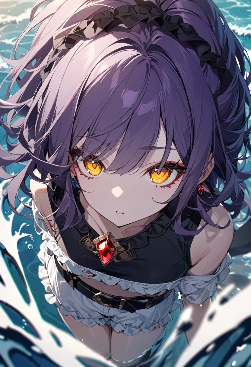 One girl, masterpiece, top quality, fair skin, golden eyes, large eyes, dark purple hair, hair tied on one side of the head, frilled shorts, black belt, red jewel, water