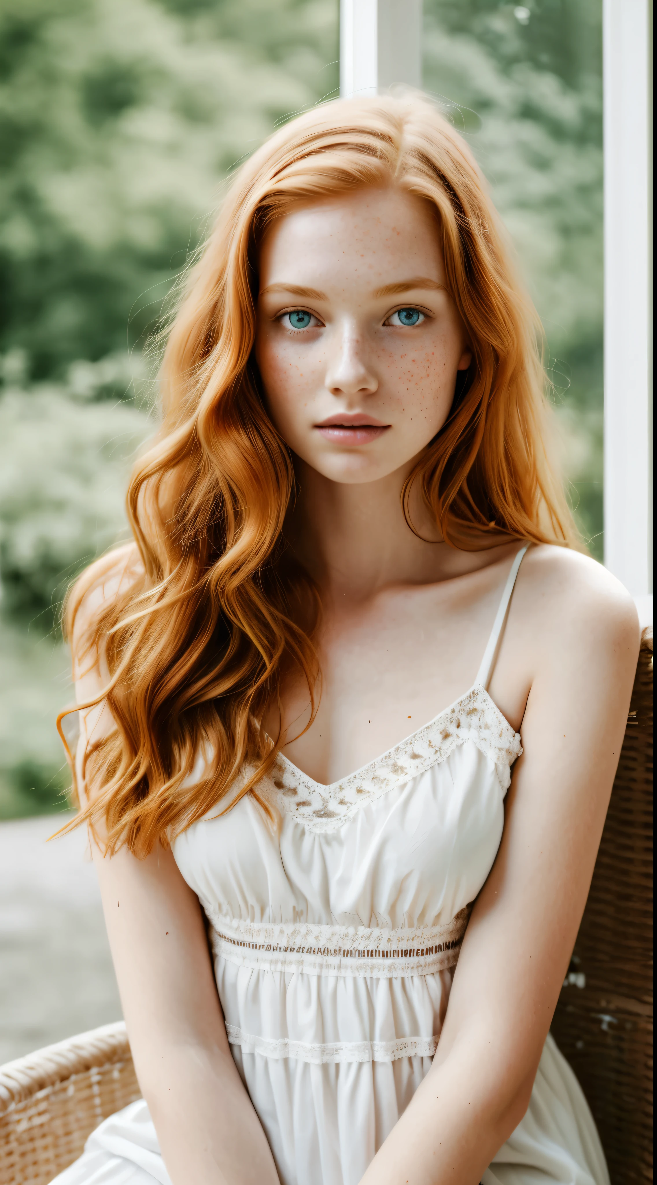 1girl in, age19, Solo, Aesthetic artwork, irish redhead, wavy ginger hair, shoulder length ginger hair, gray eyes, light grey eyes, some small freckles, pale skin, A-cup, small breasts, runners body, (textured skin, skin pores:1.1), (moles:0.8), imperfect skin, goosebumps, sitting down having coffee, drinking coffee, (extremely detailed 8k wallpaper), soft lighting, high quality, film grain, Fujifilm XT3 sharp focus, f 5.6, 50mm, High Detail, Sharp focus,(natural light), in a white colored dress. A white sundress, floral pattern sundress, crazy details, complex details, hyperdetailed
