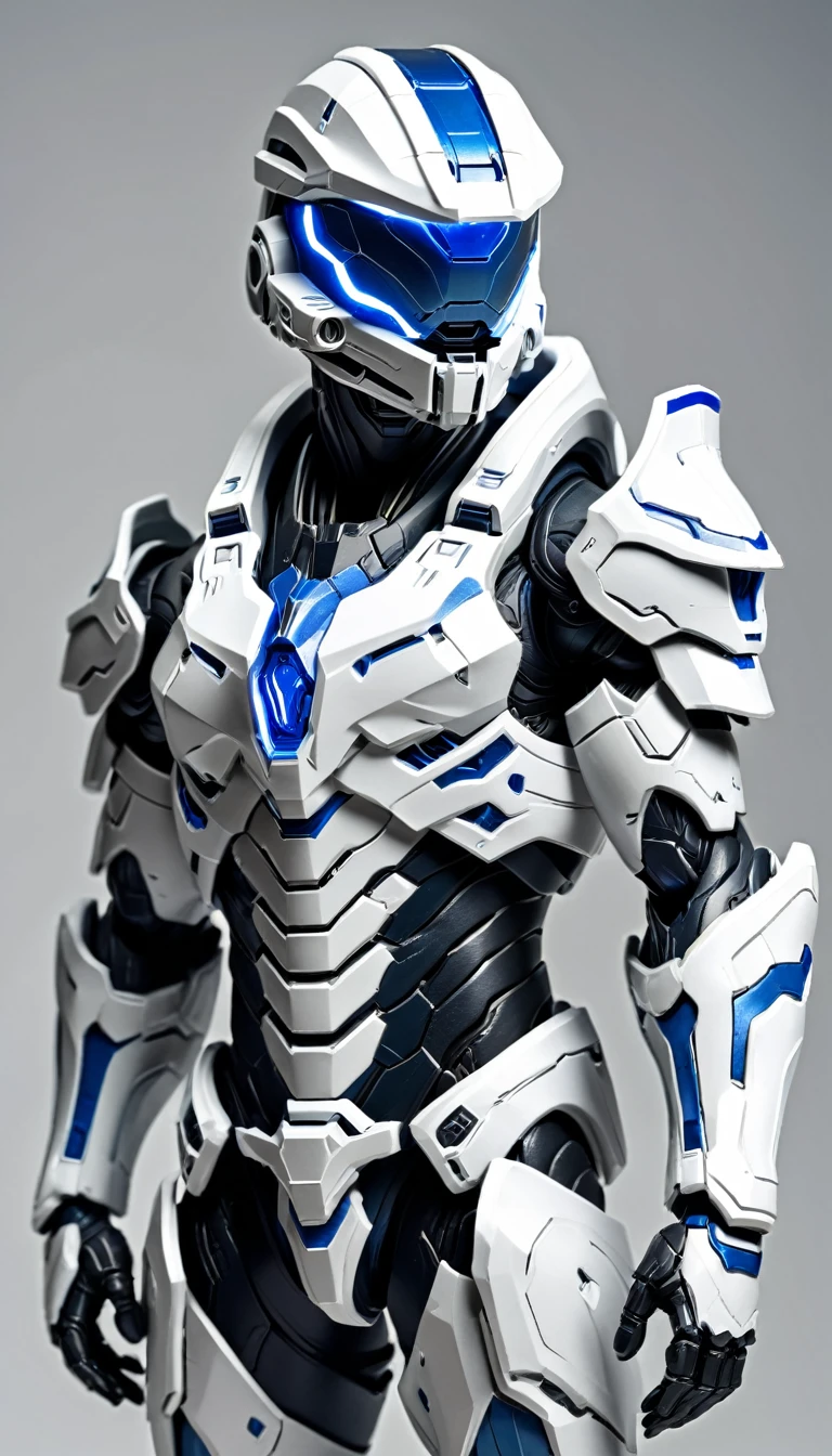 Masterpieces, White Knight, Commercial style shot, (Battle Priest in a warframe and halo style armor with a long bow), (white blue and silver color scheme), (white hood ), (action shot: drawing bow), (quiver on back), plastic material with metallic coating, white and blue tabard (solid color background), centered, full body shot, (dynamic action stance pose), sci-fi knight, Halo master chief, vibrant colors, visible figure joints, cinematic shot, volumetric lighting, intricate pattern detail, highly detailed