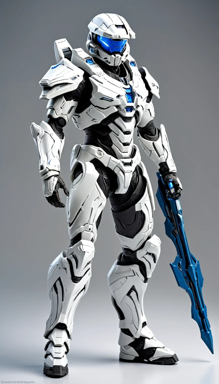 Masterpieces, White Knight, Commercial style shot, (Battle Priest in a warframe and halo style armor with a long bow), (white blue and silver color scheme), (white hood ), (action shot: drawing bow), (quiver on back), plastic material with metallic coating, white and blue tabard (solid color background), centered, full body shot, (dynamic action stance pose), sci-fi knight, Halo master chief, vibrant colors, visible figure joints, cinematic shot, volumetric lighting, intricate pattern detail, highly detailed