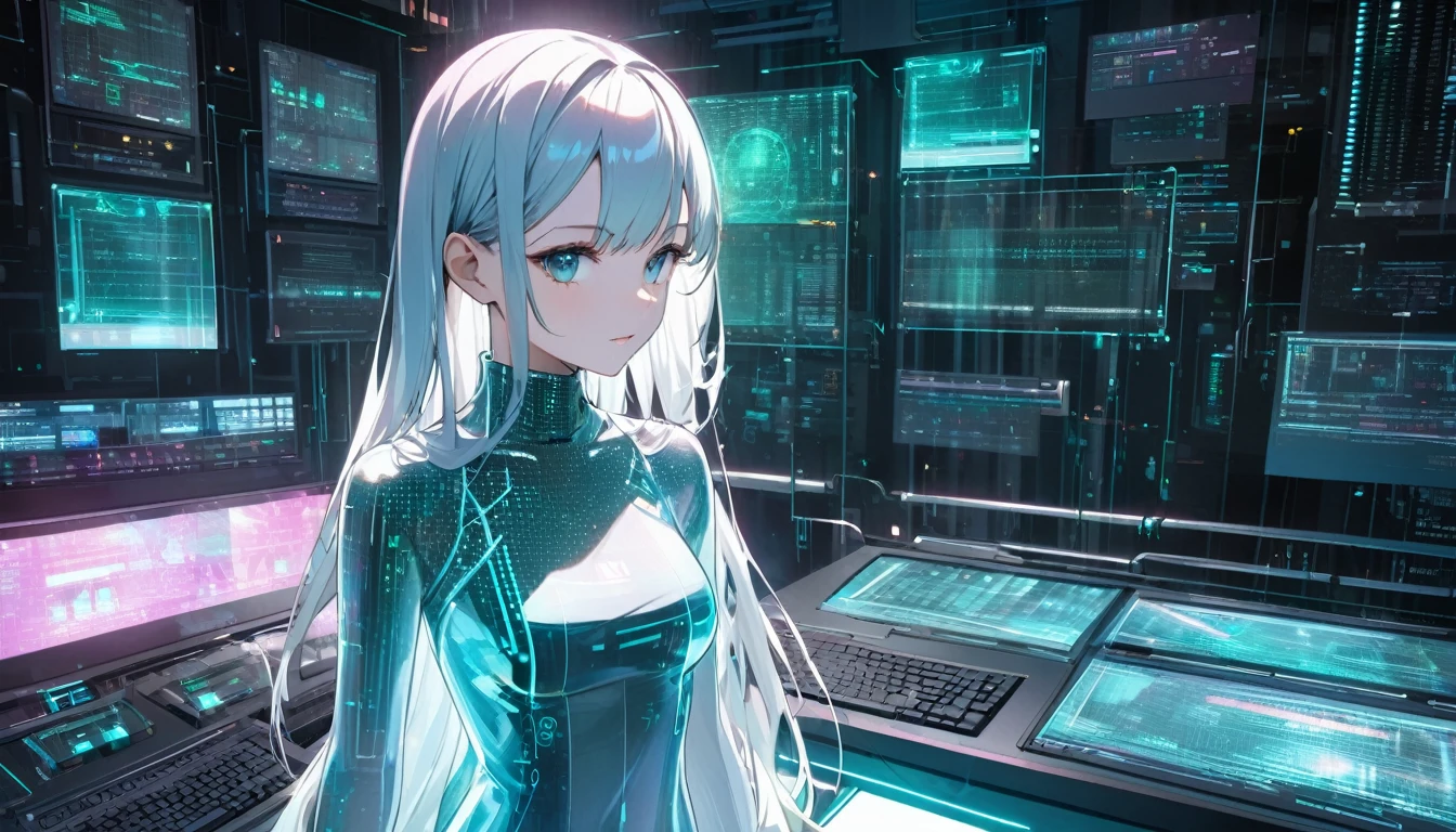 beautiful transparent holographic girl, in the futuristic lab computer, futuristic elektronics background, matrix number background