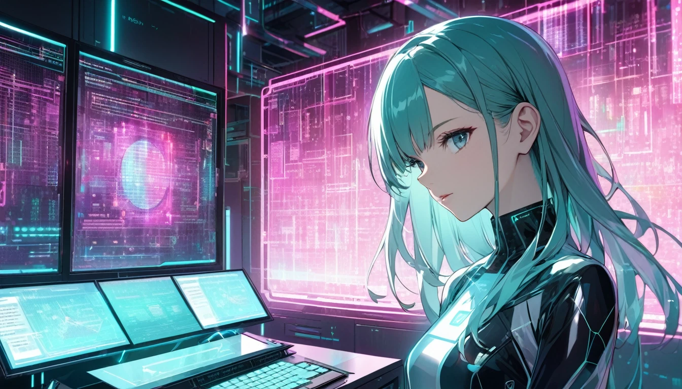 beautiful transparent holographic girl, in the futuristic lab computer, futuristic elektronics background, matrix number background