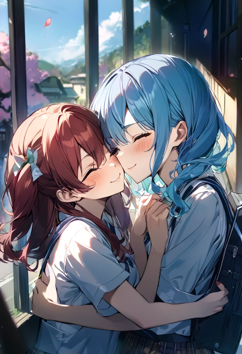 (((2girls))), together, two people, masterpiece, best quality, integrated scenery, integrated background, extremely delicate and beautiful, meticulous details, good composition, closed_eyes, cute face, perfect face, perfect hands, fingernails, sakura miko, SakuraMiko, HoshimachiSuisei, hoshimachi suisei, blurry background, sunlight, light blush, ((school)), upper body, looking each other, smile, , (hugging each other),in_school,sunlight,kissing,happiness,