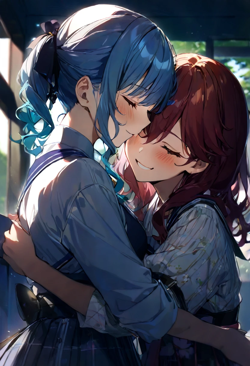 (((2girls))), together, two people, masterpiece, best quality, integrated scenery, integrated background, extremely delicate and beautiful, meticulous details, good composition, closed_eyes, cute face, perfect face, perfect hands, fingernails, sakura miko, SakuraMiko, HoshimachiSuisei, hoshimachi suisei, blurry background, sunlight, light blush, ((school)), upper body, looking each other, smile, , (hugging each other),in_school,sunlight,kissing,happiness,