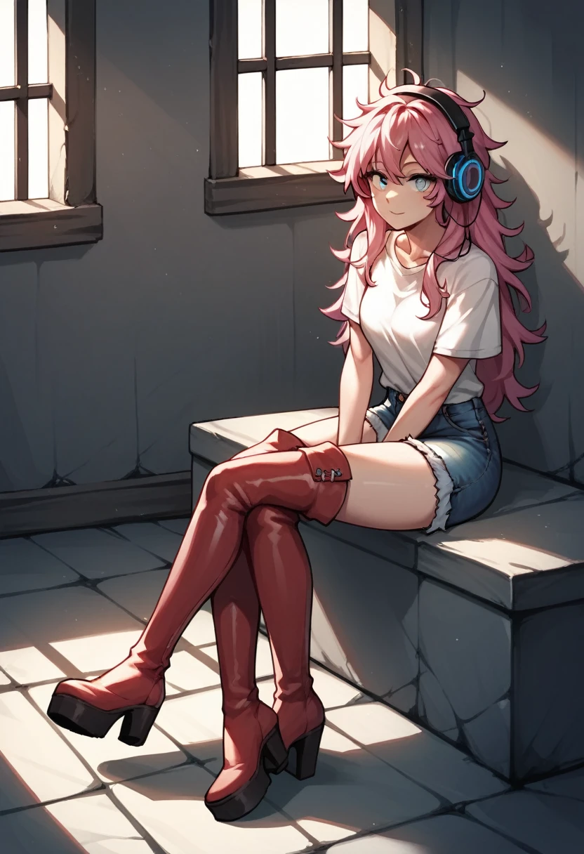 score_9, score_8_up, score_7_up, score_6_up, score_5_up, score_4_up, source_anime, 1woman, sit, pink hair, long hair, white eyes, croosed legs, messy hair, white shirt, jeans shorts, red thigh high boots, platforms, day, windows, headphones, dungeon, best quality, best res, 4K UHD,