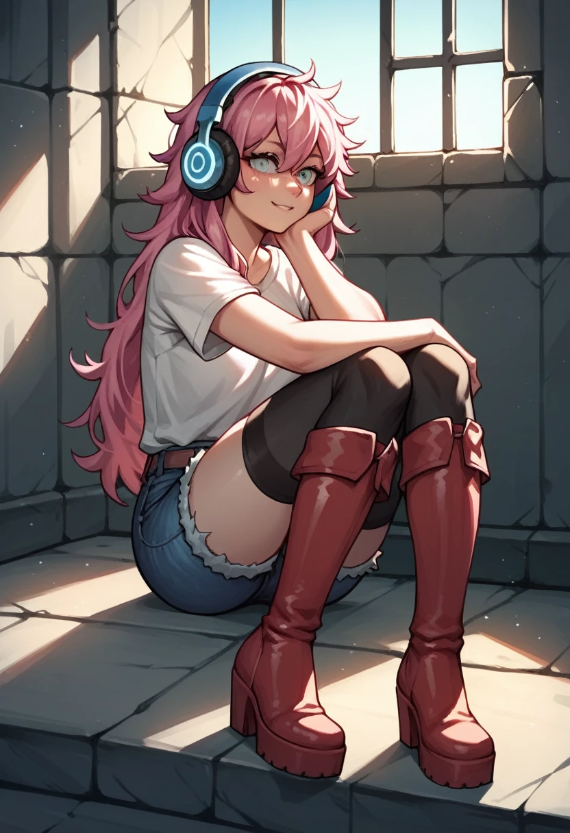 score_9, score_8_up, score_7_up, score_6_up, score_5_up, score_4_up, source_anime, 1woman, sit, pink hair, long hair, white eyes, croosed legs, messy hair, white shirt, jeans shorts, red thigh high boots, platforms, day, windows, headphones, dungeon, best quality, best res, 4K UHD,