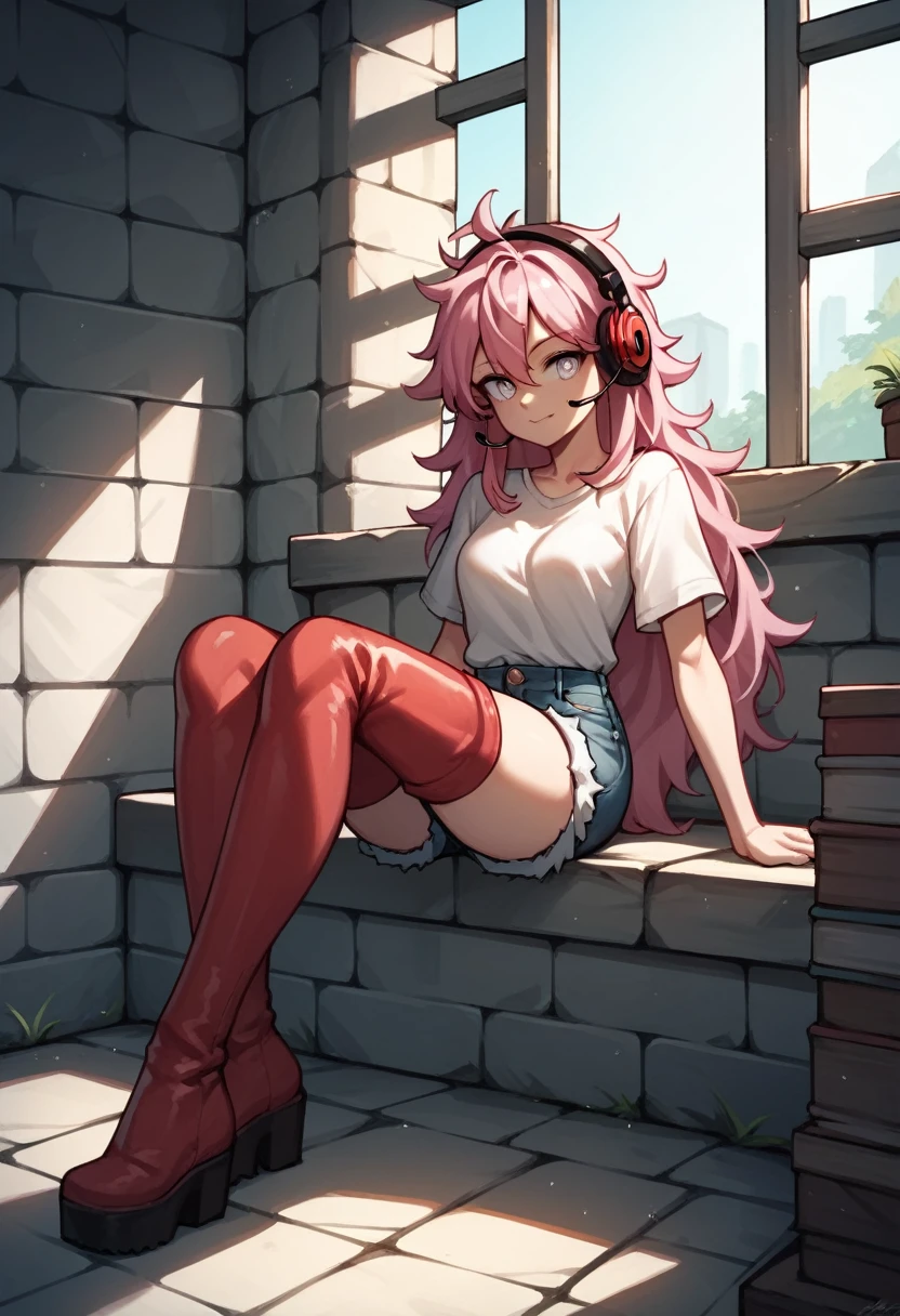 score_9, score_8_up, score_7_up, score_6_up, score_5_up, score_4_up, source_anime, 1woman, sit, pink hair, long hair, white eyes, croosed legs, messy hair, white shirt, jeans shorts, red thigh high boots, platforms, day, windows, headphones, dungeon, best quality, best res, 4K UHD,
 
