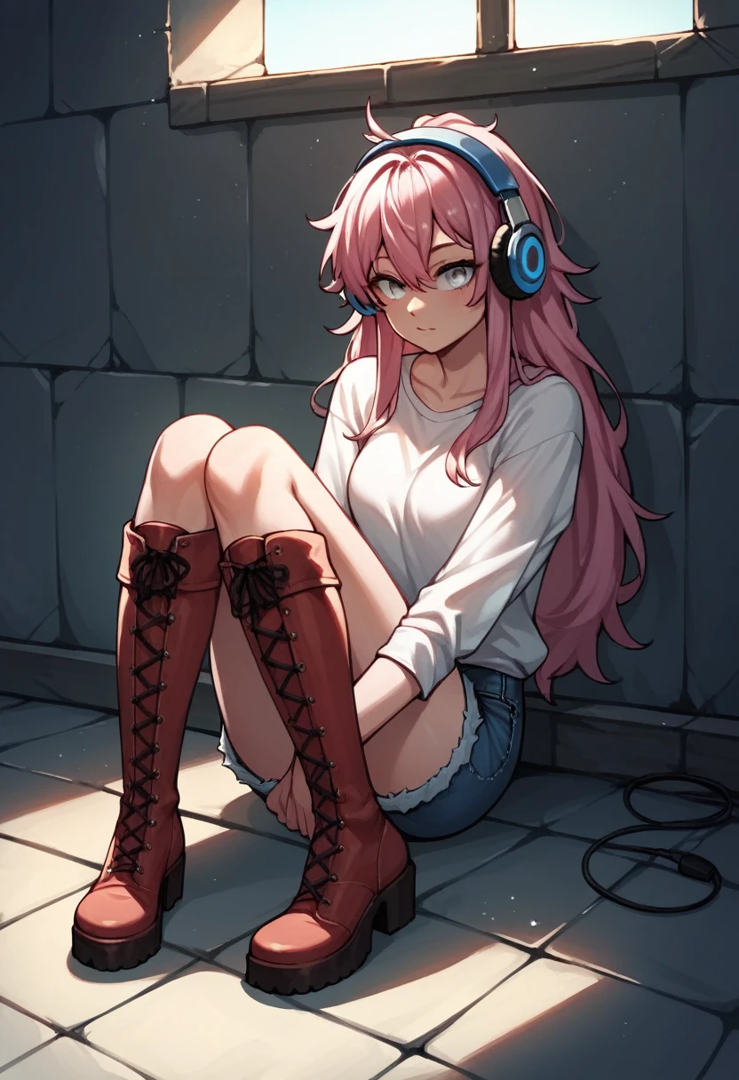 score_9, score_8_up, score_7_up, score_6_up, score_5_up, score_4_up, source_anime, 1woman, sit, pink hair, long hair, white eyes, croosed legs, messy hair, white shirt, jeans shorts, red thigh high boots, platforms, day, windows, headphones, dungeon, best quality, best res, 4K UHD,
 