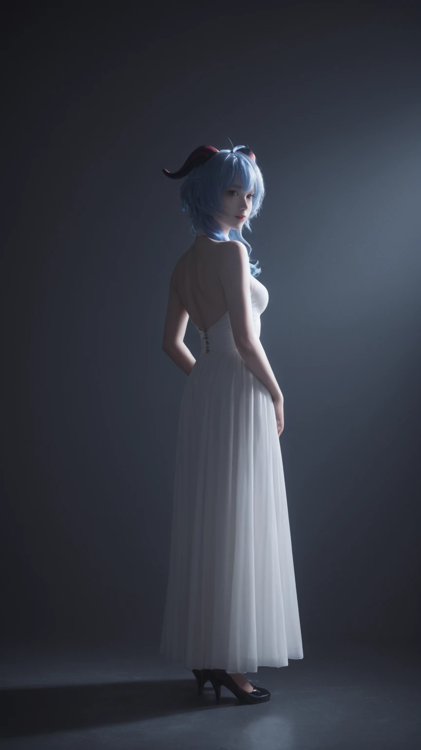 cinematic film, Realistic photograph,realistic, score_9, score_8_up, score_7_up, score_6_up,
 1girl, solo, from front, full body, Ganyu  \(genshin impact\), black background, makeup, sidelighting, backlighting, glowing, 