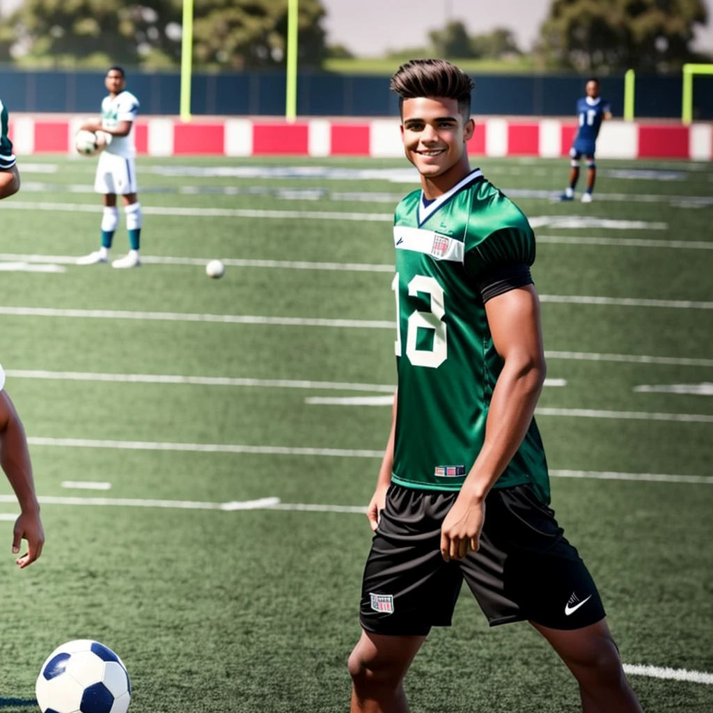 A young man with straight, combed up hair and amber eyes stands on a football field. He holds a soccer ball with both hands, next to the body, and has a confident smile on his face. He is wearing a football uniform consisting of a short-sleeved shirt and shorts, with high socks and cleats. The football field in the background is green and well maintained., with well-defined white lines. Sunlight illuminates the scene, highlighting the sparkle in your eyes and the details of the field. Some spectators are in the background, watching carefully. The young man&#39;s expression conveys enthusiasm and passion for the sport."
