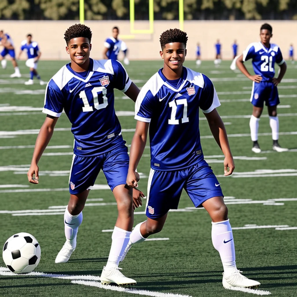 A young man with straight, combed up hair and amber eyes stands on a football field. He holds a soccer ball with both hands, next to the body, and has a confident smile on his face. He is wearing a football uniform consisting of a short-sleeved shirt and shorts, with high socks and cleats. The football field in the background is green and well maintained., with well-defined white lines. Sunlight illuminates the scene, highlighting the sparkle in your eyes and the details of the field. Some spectators are in the background, watching carefully. The young man's expression conveys enthusiasm and passion for the sport."