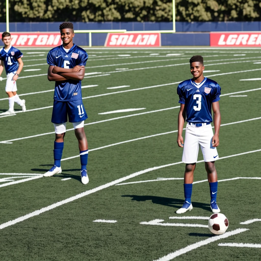 A young man with straight, combed up hair and amber eyes stands on a football field. He holds a soccer ball with both hands, next to the body, and has a confident smile on his face. He is wearing a football uniform consisting of a short-sleeved shirt and shorts, with high socks and cleats. The football field in the background is green and well maintained., with well-defined white lines. Sunlight illuminates the scene, highlighting the sparkle in your eyes and the details of the field. Some spectators are in the background, watching carefully. The young man&#39;s expression conveys enthusiasm and passion for the sport."
