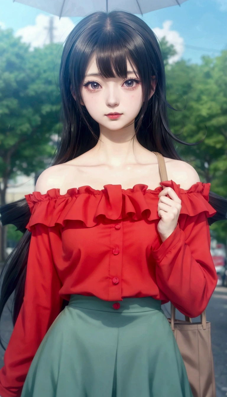 anime girl in red top and skirt holding umbrella in street, anime visual of a young woman, rin tohsaka, sui ishida with black hair, anime visual of a cute girl, junko enoshima, hinata hyuga, as an anime character, today's featured anime still, shuushuu anime image, female anime character, nico robin, Big breast , cleavage