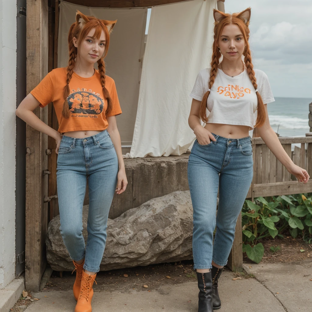 Cute catgirl, 31 years old, 5' 9" tall, long tail covered in orange fur, cat ears, flowing ginger hair in pigtails, bright gree eyes that shimmer like emeralds, fair skin, orange cropped t-shirt, green low rise jeans, black boots, jewelry, accessories, standing in front of a coastline, well lit, extremely detailed, 8k UHD