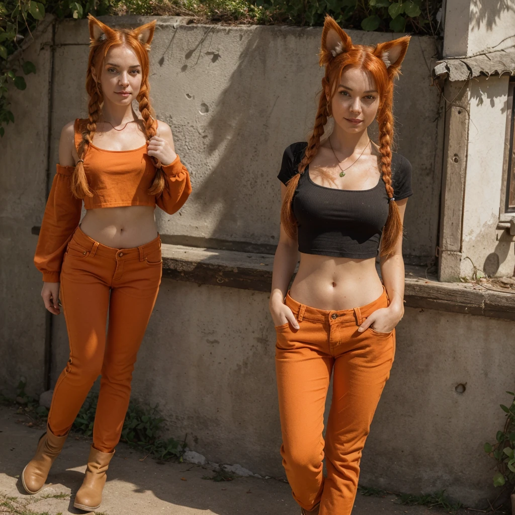 Cute catgirl, 31 years old, 5' 9" tall, long tail covered in orange fur, cat ears, flowing ginger hair in pigtails, bright gree eyes that shimmer like emeralds, fair skin, orange cropped t-shirt, green low rise jeans, black boots, jewelry, accessories, standing in front of a coastline, well lit, extremely detailed, 8k UHD