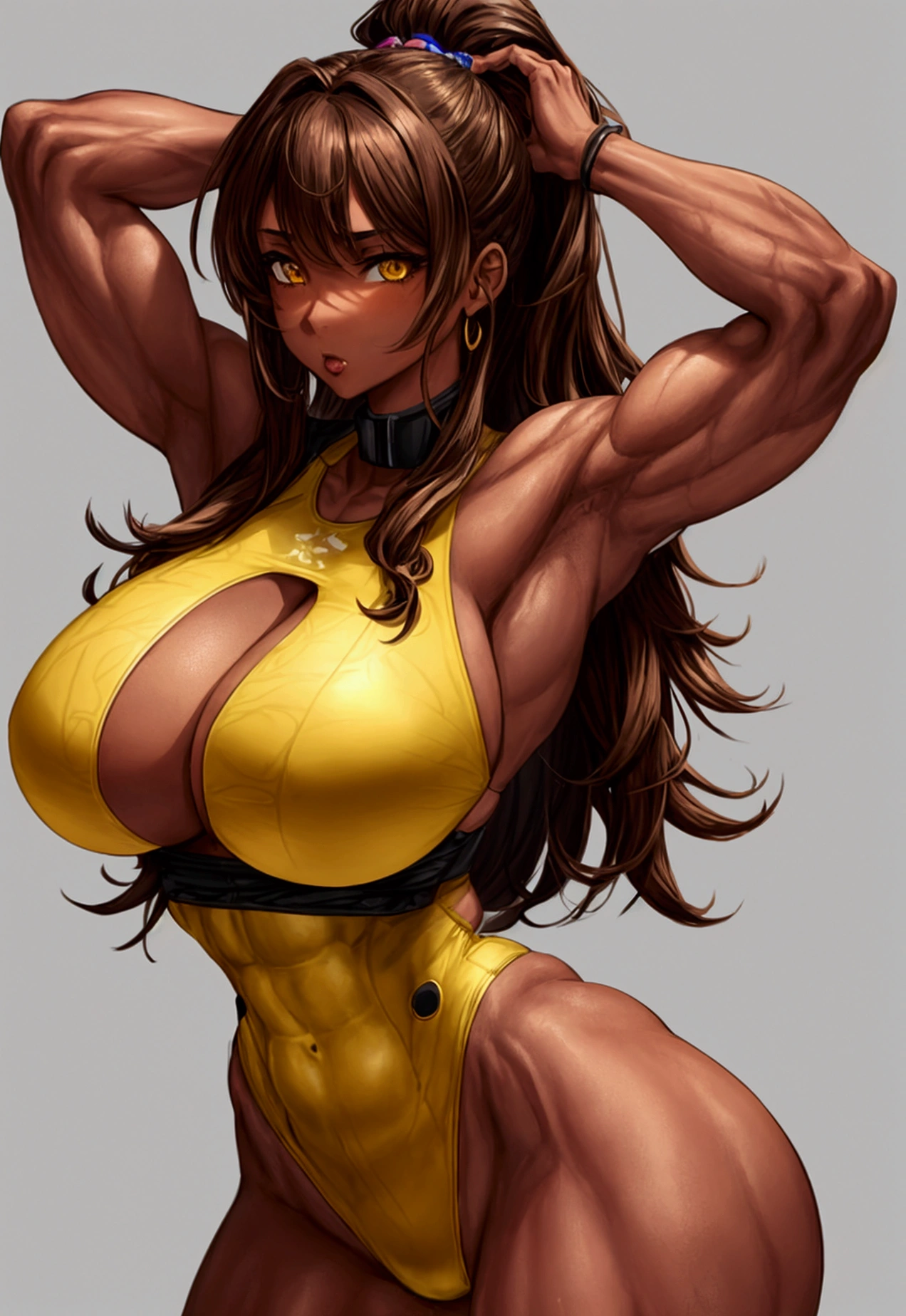 23 year old woman, yellow eyes, brown hair, brown skin, big breasts, wearing sexy sportswear with some muscles