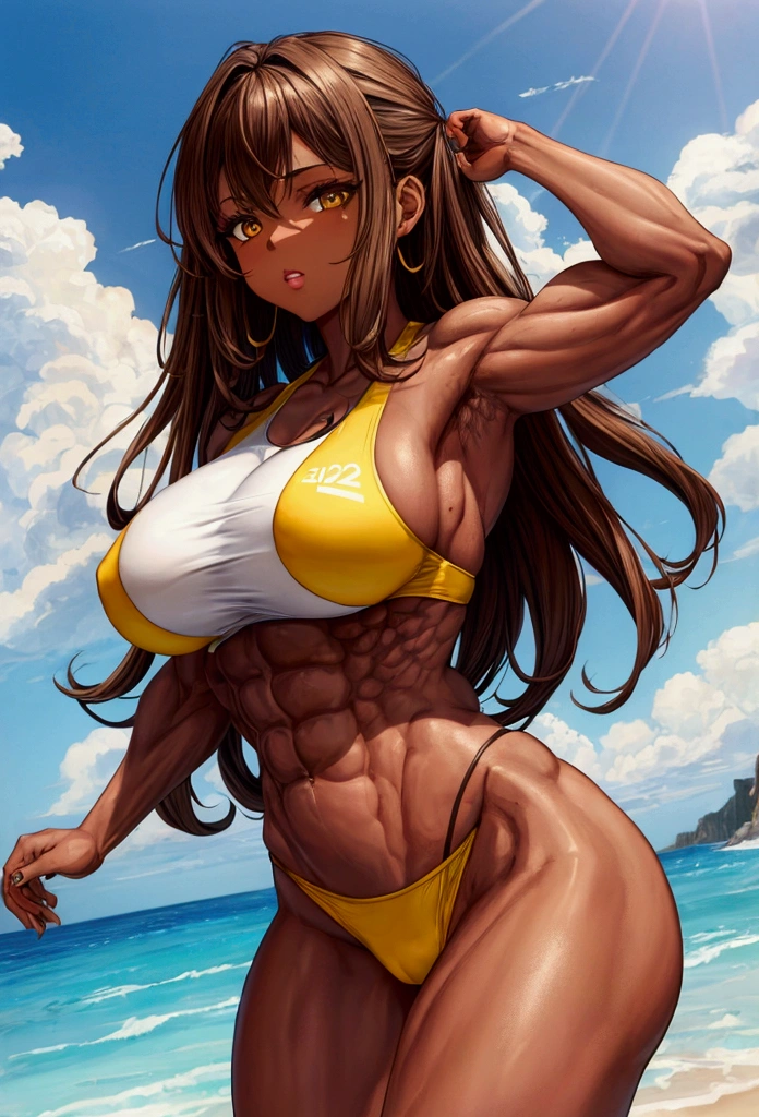 23 year old woman, yellow eyes, brown hair, brown skin, big breasts, wearing sexy sportswear with some muscles