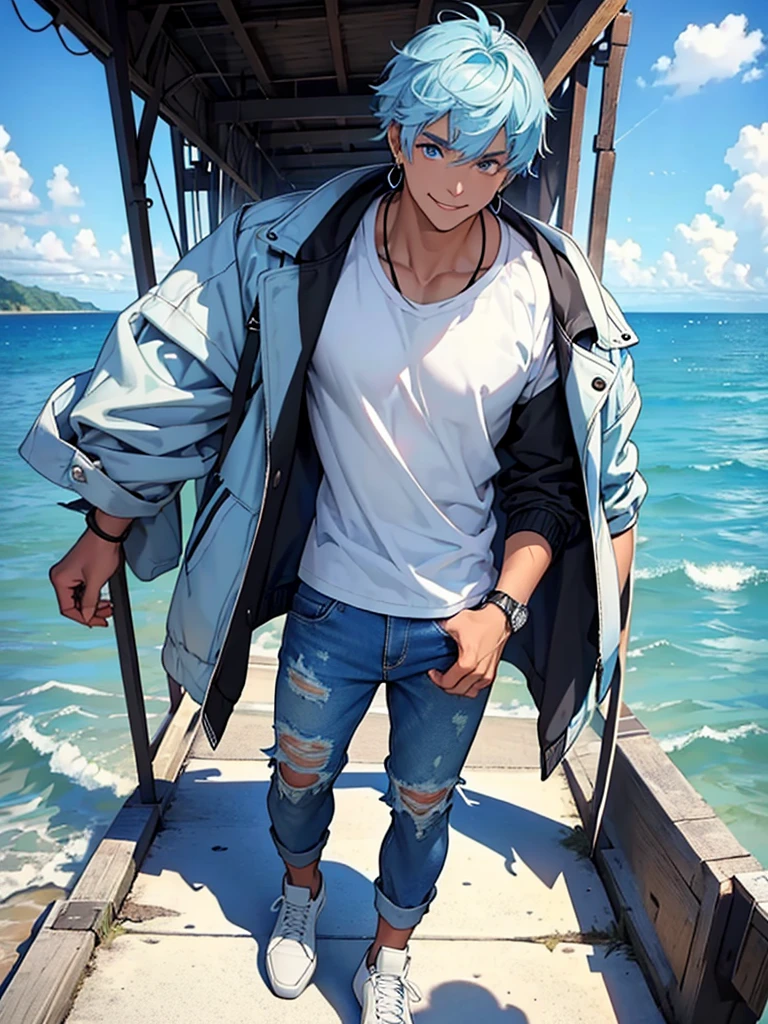 ((Best quality)), ((masterpiece)), top quality), standing alone, African-American, male, light blue eyes, white T-shirt, black ripped jeans, blue Jordan shoes, fluffy blue hair, longer bangs, earrings, blue ocean theme jacket, smiling, rings