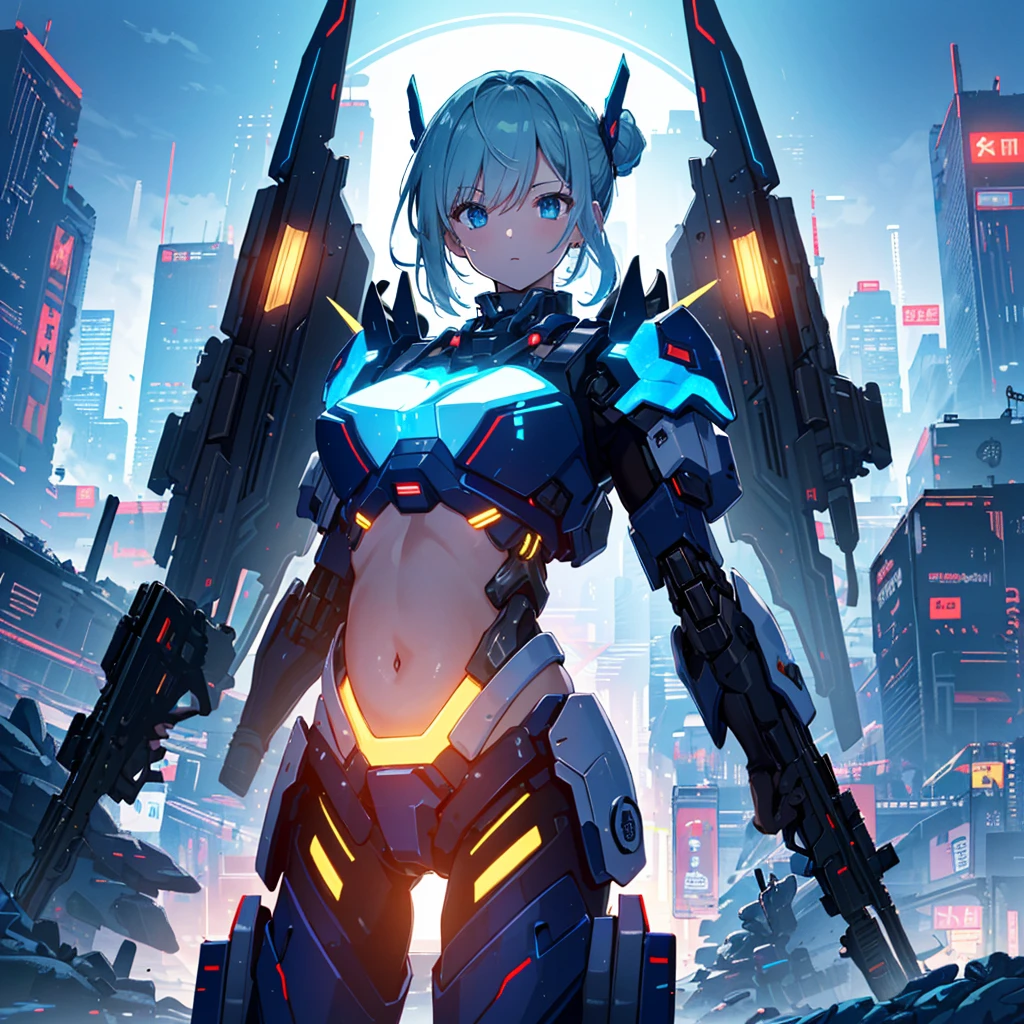 (Top Quality, 16k, Super Detailed, Detailed Face), (Masterpiece), (Perfect Anatomy: 1.4), ((Cyberpunk)), (Blown Out Skin: 1.4), (1 Girl, Solo ), (Spread out glowing mecha wing unit: 1.3), (Glowing mecha weapon: 1.2), (Mecha light gun), (Cerulean blue sky, future cityscape: 1.3), 17 years old, bright blonde hair, (Two Sides Updo, long hair), medium breasts, navel visible, wide skin area,((belly button visible, wide skin area)),
