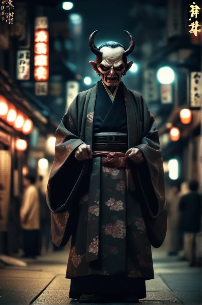 Steampunk night city、There are a lot of demons in the background、Full Body Shot、Horror-themed movie stills,、Calm, big-headed old man, Head enlargement（Head size 1:9）、(Full body portrait:1.3), Nurarihyon、I'm wearing a kimono, Shallow depth of field, Vignette, Very detailed, High budget, Bokeh, CinemaScope, Sulky, amazing, nice, Film Grain, granular . Creepy, Anxious, dark, Creepyな, Suspenseful, strict, Very detailed