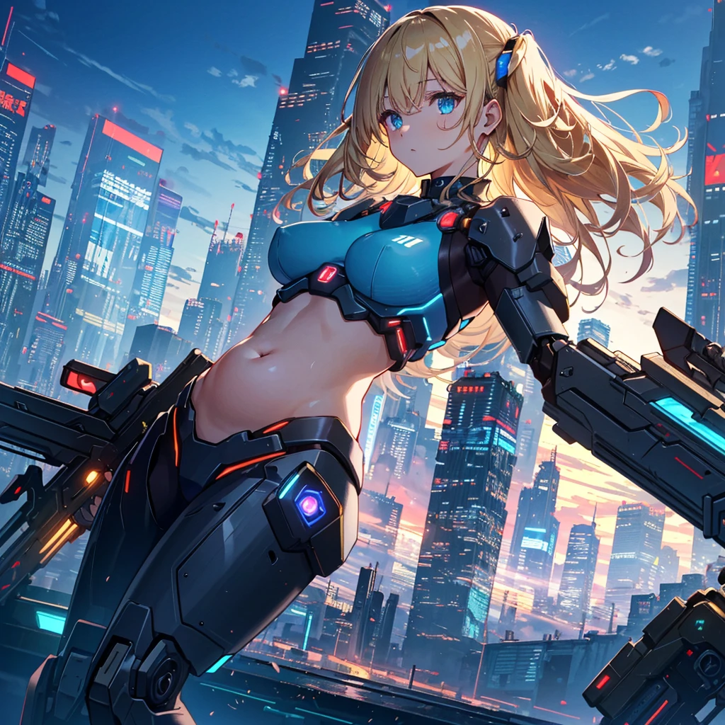 (Top Quality, 16k, Super Detailed, Detailed Face), (Masterpiece), (Perfect Anatomy: 1.4), ((Cyberpunk)), (Blown Out Skin: 1.4), (1 Girl, Solo ), (Spread out glowing mecha wing unit: 1.3), (Glowing mecha weapon: 1.2), (Mecha light gun), (Cerulean blue sky, future cityscape: 1.3), 17 years old, bright blonde hair, (Two Sides Updo, long hair), medium breasts, navel visible, wide skin area,((belly button visible, wide skin area)),