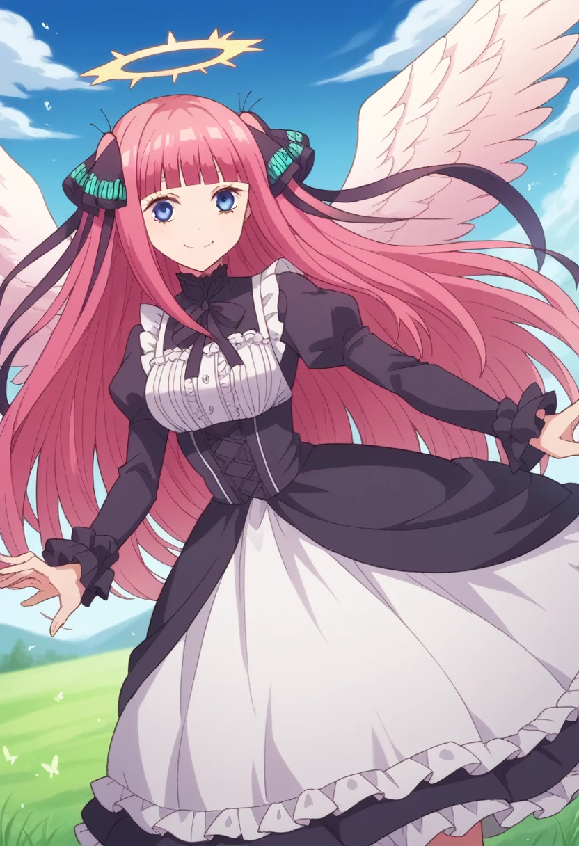 nino nakano,long hair, bangs, blue eyes, hair ornament, hair ribbon, pink hair, blunt bangs, two side up, butterfly hair ornament,long twintails,,Pink and white dress, Victoria Gothic Lolita Fashion, Lolita Style, , rococo dress, lolita fashion, one-piece,dress,petticoat,dynamic pose, angel wings, frills, tighthighs,halo, blue sky, grassy terrance,smile