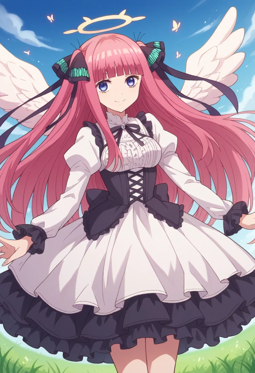 nino nakano,long hair, bangs, blue eyes, hair ornament, hair ribbon, pink hair, blunt bangs, two side up, butterfly hair ornament,long twintails,,Pink and white dress, Victoria Gothic Lolita Fashion, Lolita Style, , rococo dress, lolita fashion, one-piece,dress,petticoat,dynamic pose, angel wings, frills, tighthighs,halo, blue sky, grassy terrance,smile