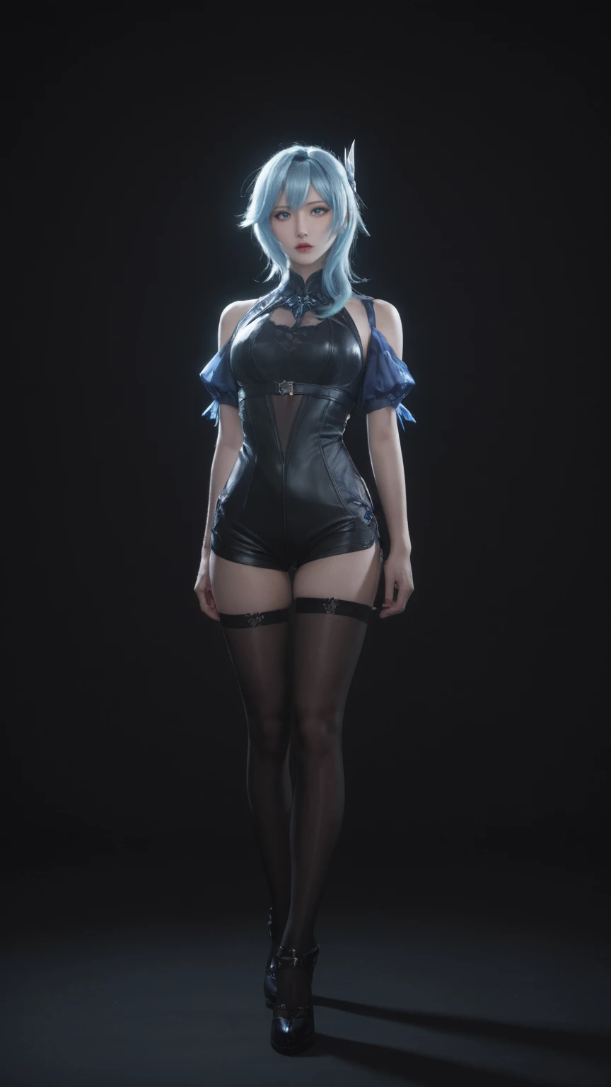 cinematic film, Realistic photograph,realistic, score_9, score_8_up, score_7_up, score_6_up,
 1girl, solo, from front, full body, Eula  \(genshin impact\), black background, makeup, sidelighting, backlighting, glowing, 