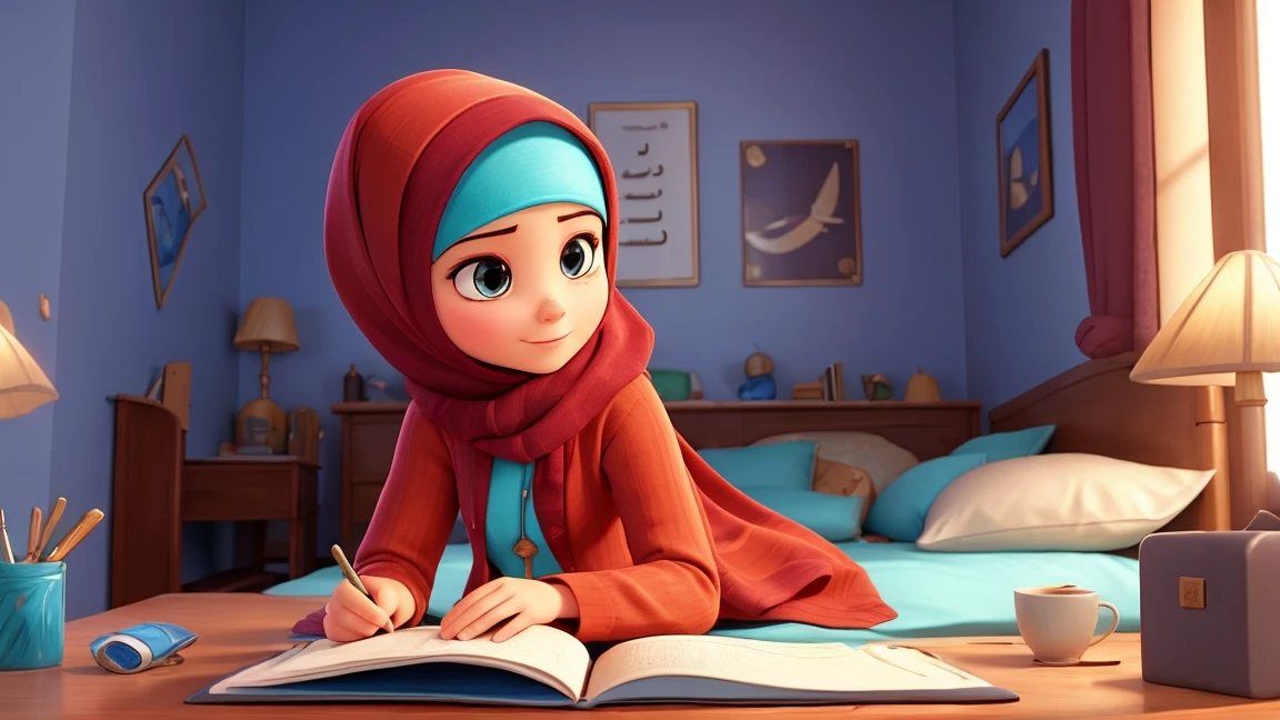 arabic 25 years oald women, reading coran book , take the book in herhands,inside her bed, reading a book,coveredhead,modern Hijab wear,extremely detaild,side view,moderne bedroom design,a moment of pure relaxation,vibrant colors,soft, dim lighting,smooth bokeh effect,oil painting style,Romantic Inspiration,exceptional sharpness PIXAR style
