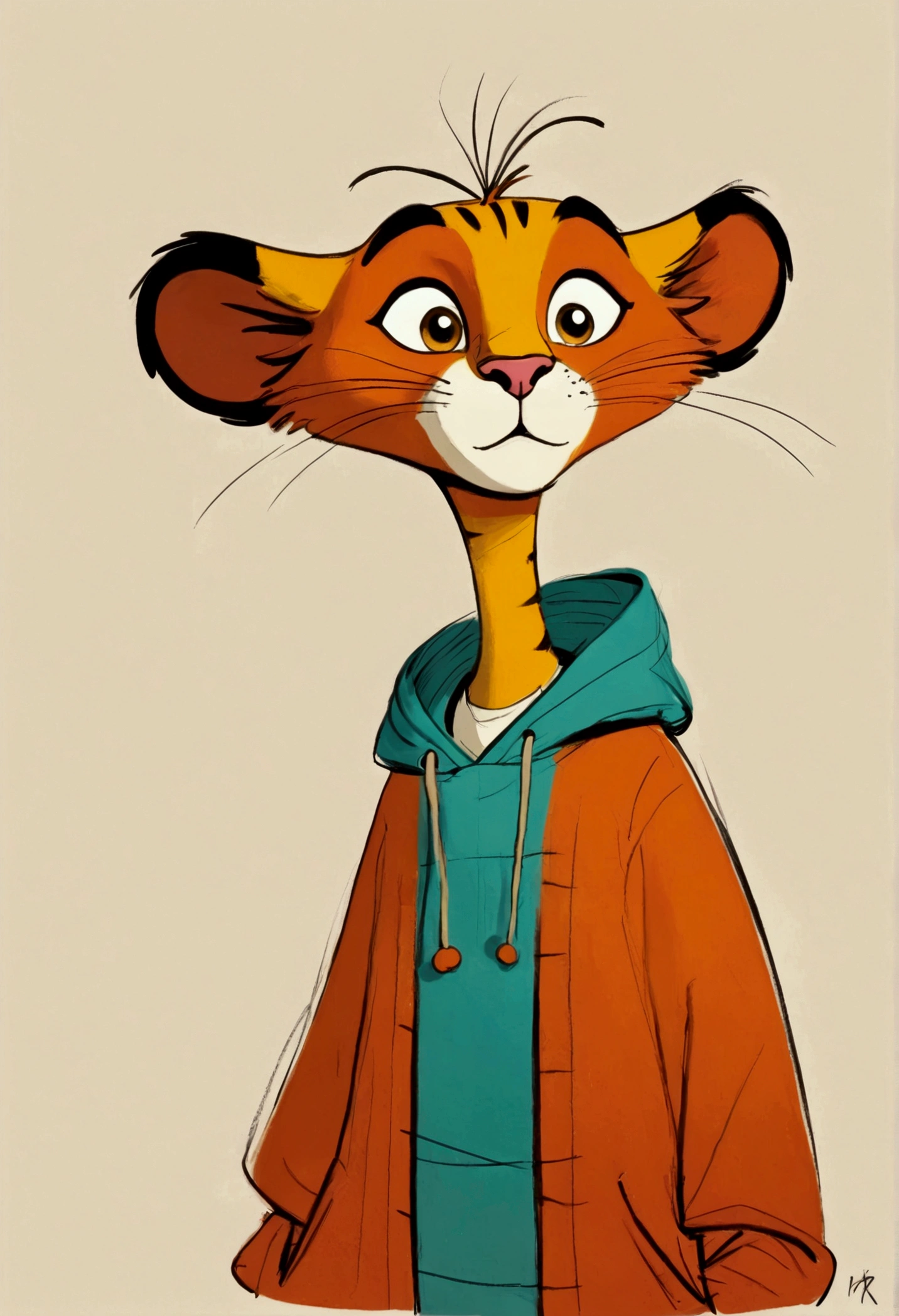 (((Exaggerated digital character sketches:1.37,))).(Big Cat,(Exaggerated expression,),(Black sketch lines,Loose brushstrokes create the outline,Cartoon Style. Bright colors and simplified lines, sketch)。
