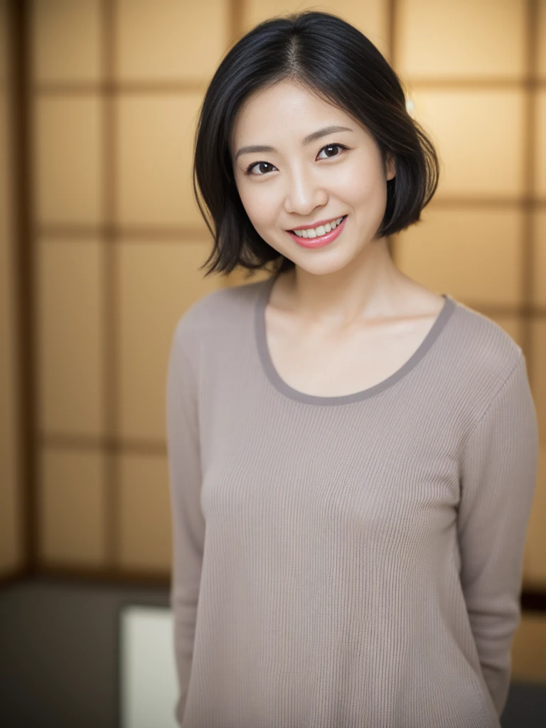portrait, 8K, high quality, realistic photo image, 39 years old, Japan woman, neat and clean wife, small, housewife, reproduce natural and realistic eyes, Japan person stand, small, beautiful black hair, short hair, light makeup, octane rendering, beautiful lighting, golden ratio composition, smile, everyday wear, casual clothes, natural background, blurred background, 4k, high quality, realistic photo image, Japan woman, 37 years old, pure Japan face, lovely wife, upper body, small breasts, light makeup, suppin, neat beauty, mature woman, sober clothes, gray, beige, blue, sober, casual attire, smile, black hair, small black eyes, background blur