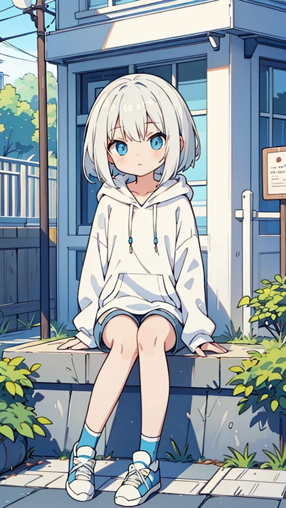 White hair, Blue eyes, girl, bob, front, whole body,White hoodie, Gray shorts,White and blue shoes,(((Anime style))),cute,sitting on a street corner,Sit in the water,